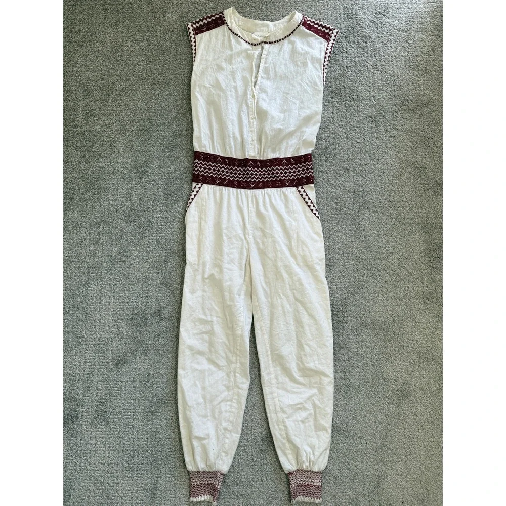 Flannel Austrailia Burgundy Cream Embroidered Cotton Jumpsuit Boho Chic Small - Picture 9 of 15